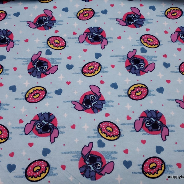 Character Flannel Fabric - Disney Lilo and Stitch Donut - By the yard - 100% Cotton Flannel