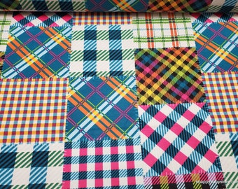 Flannel Fabric - Neon Stitched Patched Plaid - By the yard - 100% Cotton Flannel