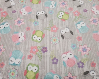 Flannel Fabric - Owls and Flowers Gray - By the yard - 100% Cotton Flannel
