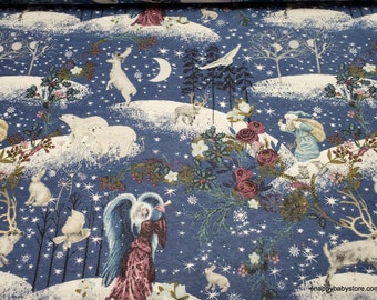 Christmas Flannel Fabric - Winter Solstice Angels and Animals Landscape - By the yard - 100% Cotton Flannel