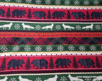 Flannel Fabric - Woodland Animals Stripe - By the yard - 100% Cotton Flannel