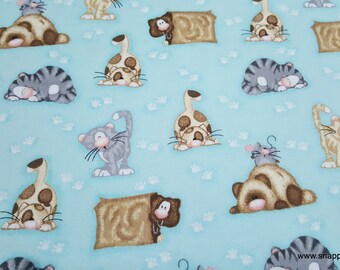 Flannel Fabric - Lazy Cat and Mouse - By the yard - 100% Cotton Flannel