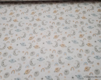 Flannel Fabric - Moon Star Rainbow Light Blue - By the yard - 100% Cotton Flannel