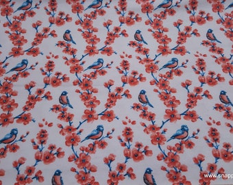 Flannel Fabric - Birds Peach Blossoms - By the yard - 100% Cotton Flannel