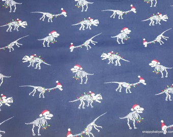 Christmas Flannel Fabric - Dino Skeleton Lights on Navy - By the yard - 100% Cotton Flannel