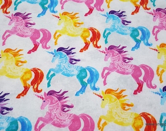 Flannel Fabric - Rainbow Unicorns - By the yard - 100% Cotton Flannel