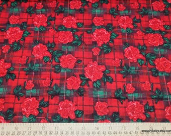 Luxe Flannel Fabric - Red Roses on Plaid Luxe - By the yard - 70% Rayon, 30 Cotton Luxe Flannel Fabric