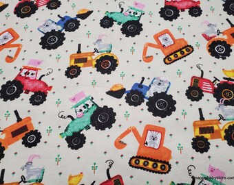 Flannel Fabric - Farm Tractors Off White - By the yard - 100% Cotton Flannel