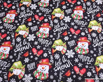 Christmas Premium Flannel Fabric - Snow Bird Snowmen and Words on Black Premium - By the yard - 100% Premium Cotton Flannel