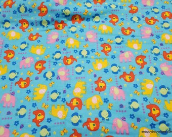Flannel Fabric - Elephants on Turquoise - By the yard - 100% Cotton Flannel