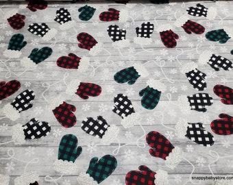 Christmas Flannel Fabric - Buffalo Check Mittens - By the Yard - 100% Cotton Flannel