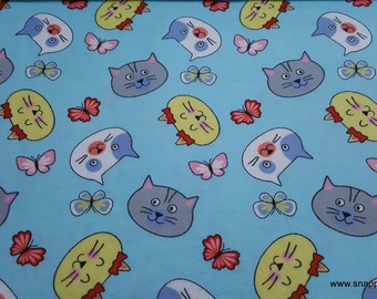 Flannel Fabric - Cat Faces and Butterflies Tossed - By the yard - 100% Cotton Flannel
