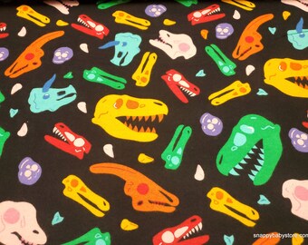 Flannel Fabric - Multi Dino Heads on Black - By the yard - 100% Cotton Flannel