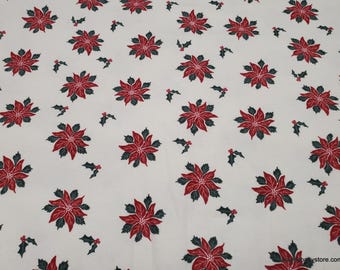 Remnant Flannel Fabric - Red and Green Poinsettia on White - Choose your Size - 100% Cotton Flannel