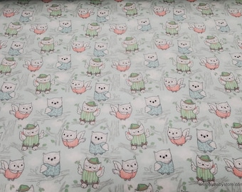 Flannel Fabric - Sleepy Owls on Light Blue - By the yard - 100% Cotton Flannel