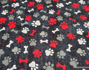 Flannel Fabric - Paws and Bones Tossed Red - By the yard - 100% Cotton Flannel