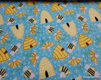 Flannel Fabric - Beehives and Bees Blue - By the yard - 100% Cotton Flannel