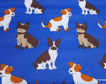 Flannel Fabric - Happy Pup on Blue - By the yard - 100% Cotton Flannel