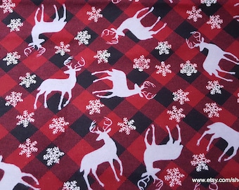 Christmas Flannel Fabric - Deer and Flakes Plaid- By the yard - 100% Cotton Flannel
