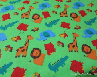 Flannel Fabric - Zoo Animals Green - By the yard - 100% Cotton Flannel