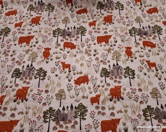 Premium Flannel Fabric - Highland Cows and Castles Dark Cream Premium - By the yard - 100% Cotton Flannel
