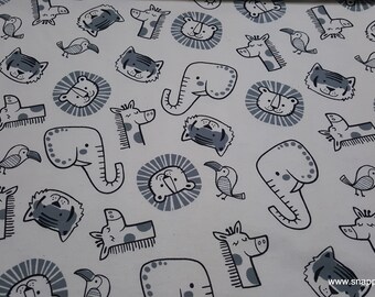 Flannel Fabric - Sweet Safari Tossed Animals on White - By the yard - 100% Cotton Flannel