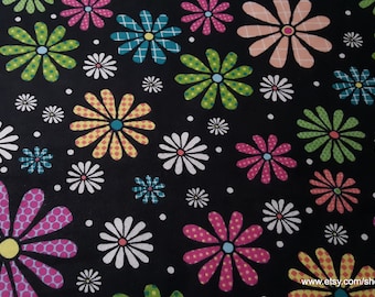 Flannel Fabric - Bright Floral on Black - By the yard - 100% Cotton Flannel