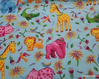Flannel Fabric - Jungle Animals on Aqua - By the yard - 100% Cotton Flannel