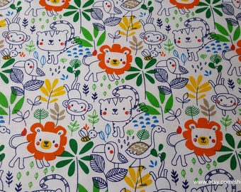 Flannel Fabric - Sketched Jungle Friends - By the yard - 100% Cotton Flannel
