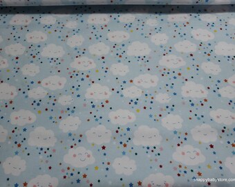 Flannel Fabric - Happy Clouds and Stars - By the yard - 100% Cotton Flannel
