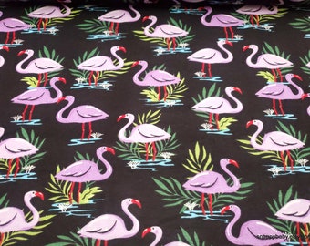 Flannel Fabric - Nostalgic Nod Flamingo on Black - By the yard - 100% Cotton Flannel