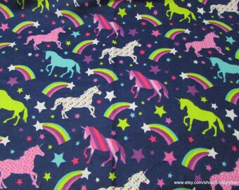Flannel Fabric - Unicorns and Rainbows - By the yard - 100% Cotton Flannel