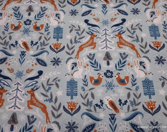 Flannel Fabric - Folk Winter Animals on Light Blue - By the yard - 100% Cotton Flannel