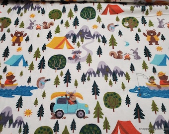 Flannel Fabric - Animals Camping - By the yard - 100% Cotton Flannel