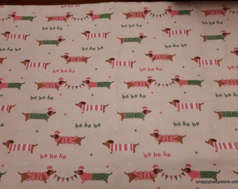 Christmas Flannel Fabric - Ho Ho Ho Dachshunds - By the Yard - 100% Cotton Flannel