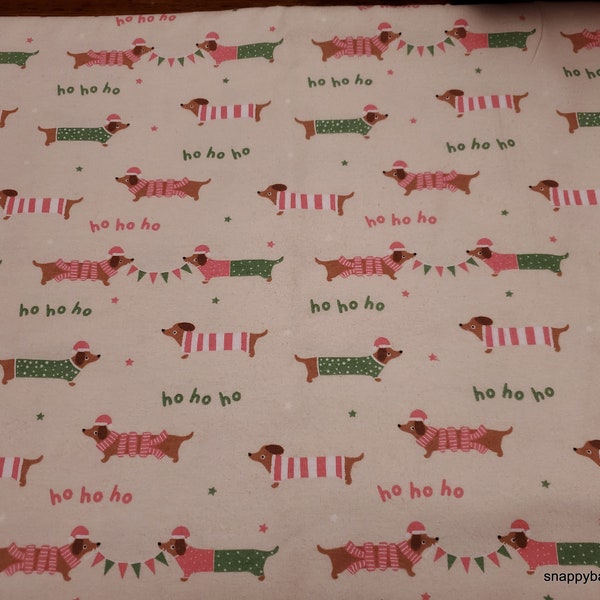 Christmas Flannel Fabric - Ho Ho Ho Dachshunds - By the Yard - 100% Cotton Flannel