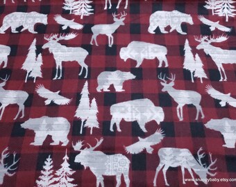 Flannel Fabric - Animals on Red Black Buffalo Check - By the yard - 100% Cotton Flannel