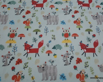 Flannel Fabric - Forest Animals on Bleached Demin Colored Background - By the yard - 100% Cotton Flannel
