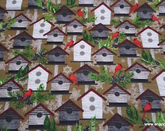 Premium Flannel Fabric - Birdhouses on Brown 2-Ply Premium Flannel - By the Yard - 100% Cotton Flannel
