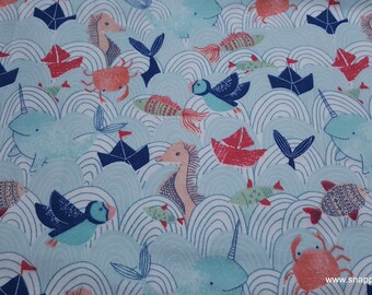 Flannel Fabric - Playful Cuties 3 Splish Splash Ocean - By the yard - 100% Premium Cotton Flannel