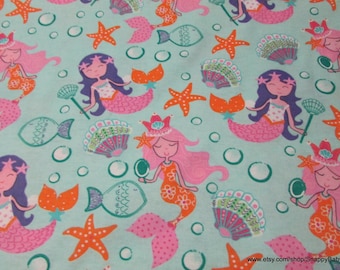 Flannel Fabric - Pretty Mermaids - By the yard - 100% Cotton Flannel