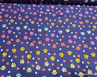 Flannel Fabric - Ombre Paws and Hearts Navy - By the yard - 100% Cotton Flannel