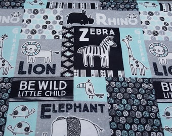Flannel Fabric - Gray Blue Patchwork Safari - By the yard - 100% Cotton Flannel