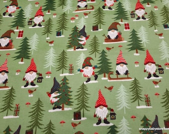 Remnant Flannel Fabric - Winter Gnomes Green - Choose your Size - 100% Cotton Flannel