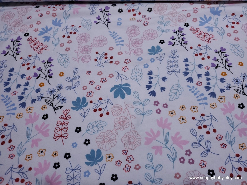 Flannel Fabric Bear and Friends Wildflowers on White By the Yard 100% Cotton Flannel image 1