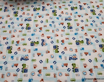 Flannel Fabric - Cars and Trucks Blue - By the Yard - 100% Cotton Flannel