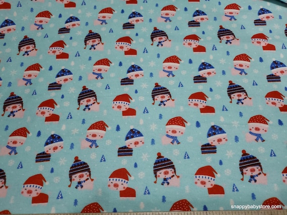 Flannel Fabric - Cozy Little Piggies Blue - By the yard - 100% Cotton Flannel
