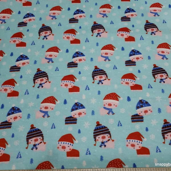 Flannel Fabric - Cozy Little Piggies Blue - By the yard - 100% Cotton Flannel