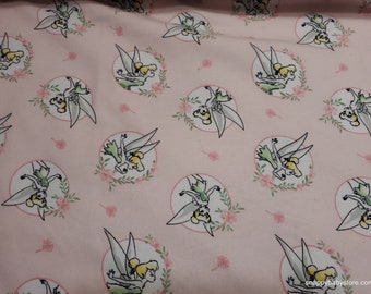 Character Flannel Fabric - Tinker Bell Floral Frame Pink  - By the yard - 100% Cotton Flannel