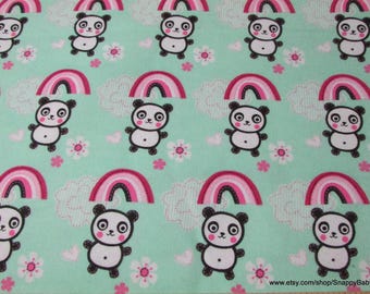 Flannel Fabric - Pandas and Rainbows - By the yard - 100% Cotton Flannel